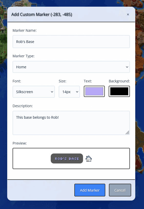 Add marker dialog with customization options