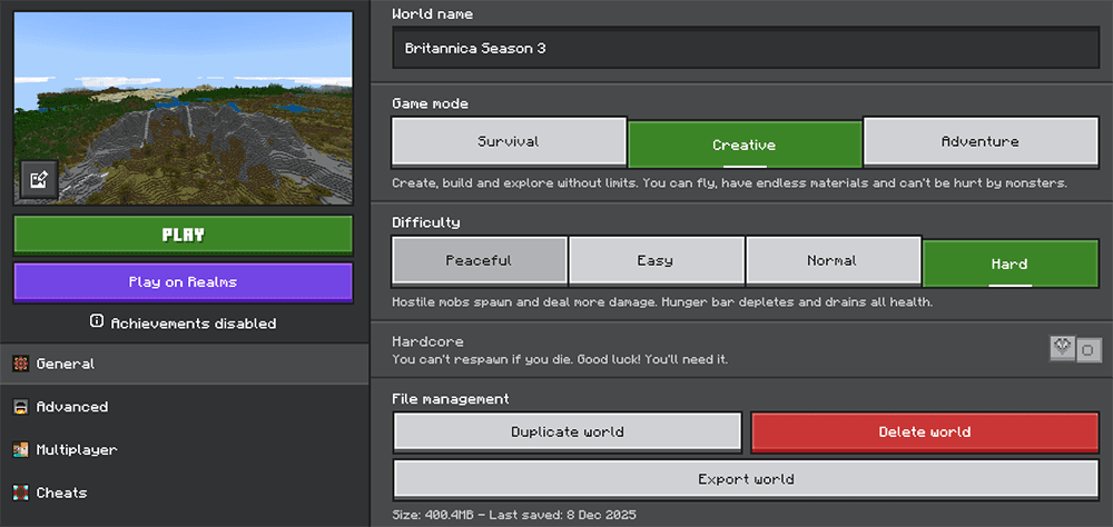Windows Minecraft export world dialog