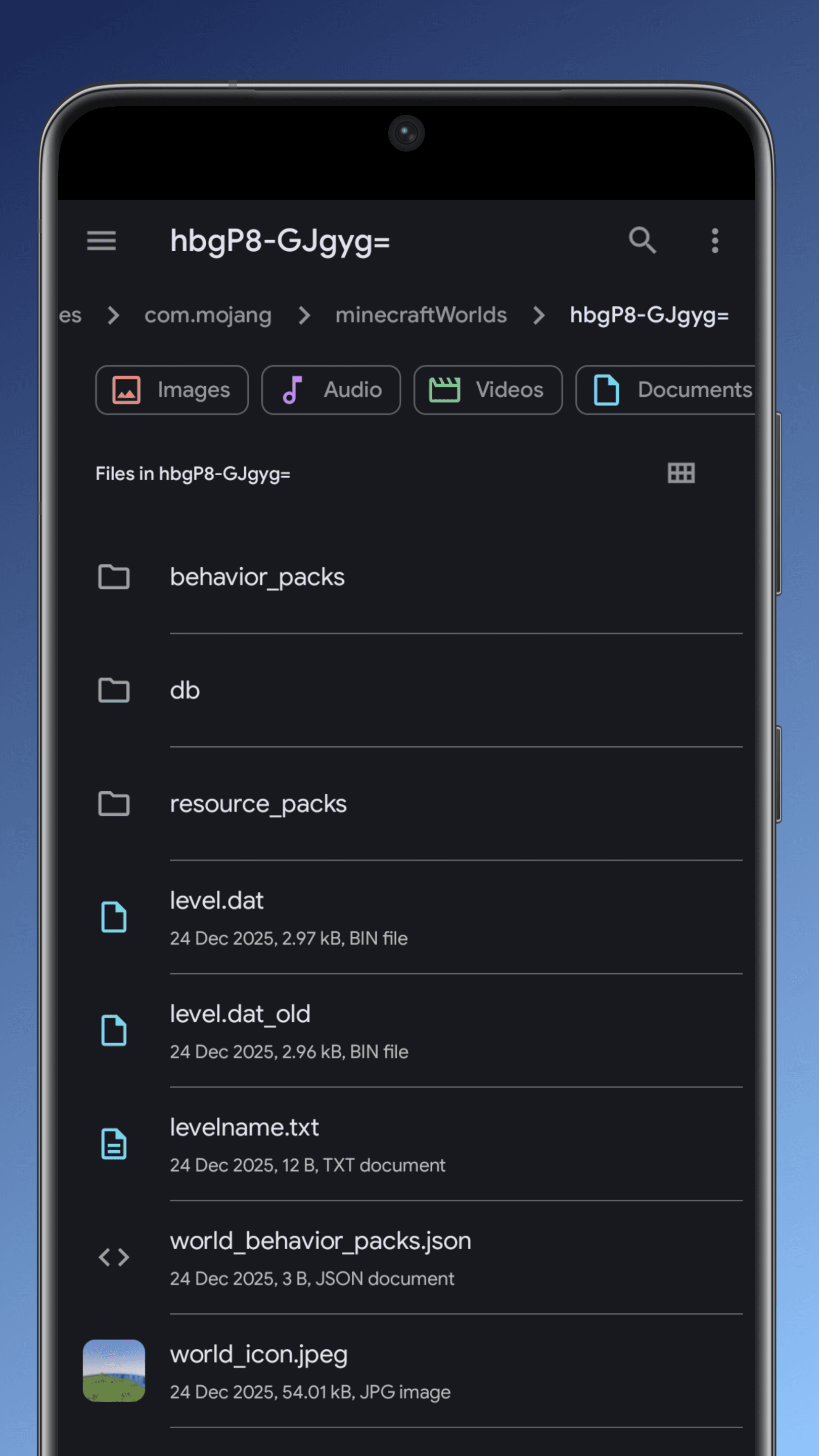 Android file manager showing minecraftWorlds folder